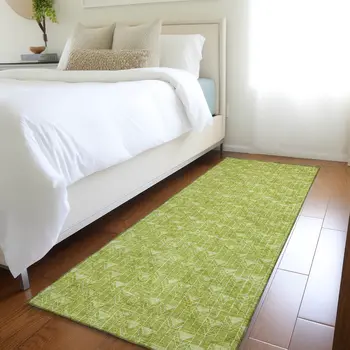 8' Runner Moss Green Geometric Washable Non Skid Indoor Outdoor Runner Rug