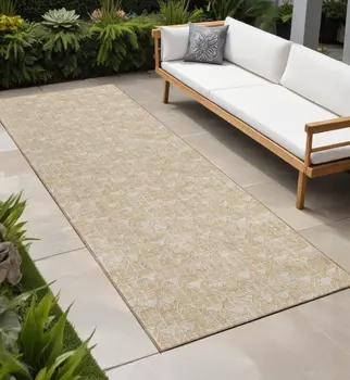 2' X 8' Beige Geometric Washable Indoor Outdoor Runner Rug
