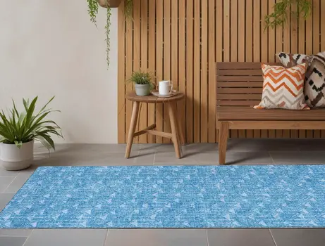 8' Runner Blue Geometric Washable Non Skid Indoor Outdoor Runner Rug