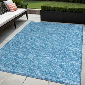 5' X 8' Blue Geometric Washable Non Skid Indoor Outdoor Area Rug