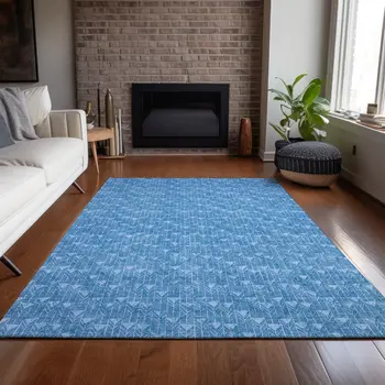 5' X 8' Blue Geometric Washable Non Skid Indoor Outdoor Area Rug