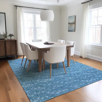 8' X 10' Blue Geometric Washable Indoor Outdoor Area Rug