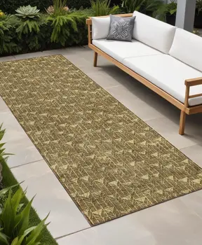 8' Runner Brown Geometric Washable Non Skid Indoor Outdoor Runner Rug
