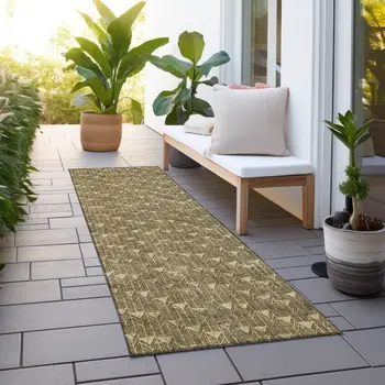 8' Runner Brown Geometric Washable Non Skid Indoor Outdoor Runner Rug