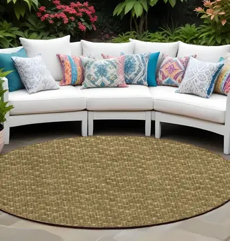 8' Round Brown Round Geometric Washable Non Skid Indoor Outdoor Area Rug