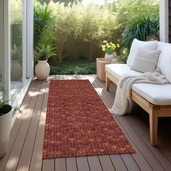 8' Runner Burgundy Geometric Washable Non Skid Indoor Outdoor Runner Rug