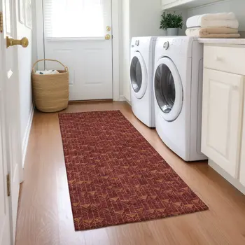 8' Runner Burgundy Geometric Washable Non Skid Indoor Outdoor Runner Rug