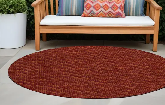 8' Round Burgundy Round Geometric Washable Non Skid Indoor Outdoor Area Rug
