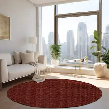 8' Round Burgundy Round Geometric Washable Non Skid Indoor Outdoor Area Rug