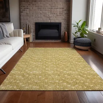 3' X 5' Gold Geometric Washable Non Skid Indoor Outdoor Area Rug