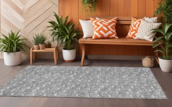 8' Gray Geometric Washable Non Skid Indoor Outdoor Runner Rug