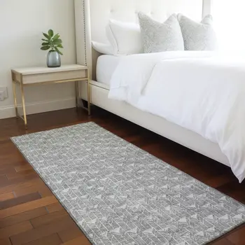 8' Gray Geometric Washable Non Skid Indoor Outdoor Runner Rug