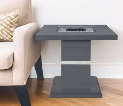 24" Dark Gray and Silver Faux Crystals Glass and Wood Square Pedestal End Table