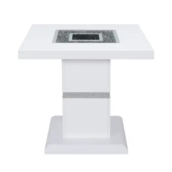24" White and Silver Glass and Wood Faux Crystal Bling Square Pedestal End Table