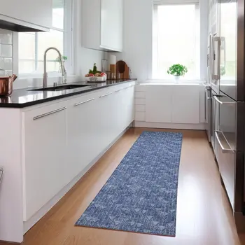 8' Runner Navy Blue Geometric Washable Non Skid Indoor Outdoor Runner Rug