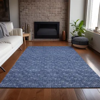 3' X 5' Navy Blue Geometric Washable Non Skid Indoor Outdoor Area Rug