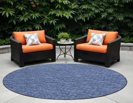8' Round Navy Blue Round Geometric Washable Non Skid Indoor Outdoor Area Rug