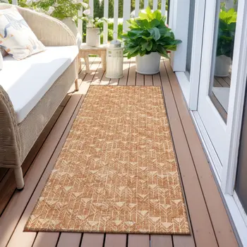 8' Runner Bronze Geometric Washable Non Skid Indoor Outdoor Runner Rug
