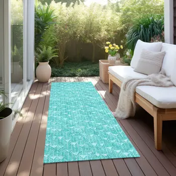 8' Runner Turquoise Geometric Washable Non Skid Indoor Outdoor Runner Rug