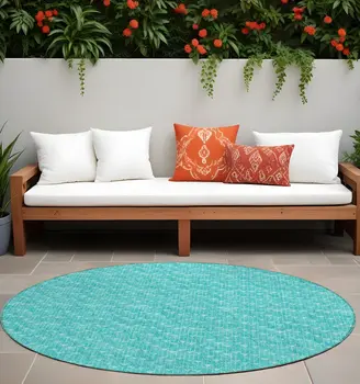 8' Round Turquoise Round Geometric Washable Non Skid Indoor Outdoor Area Rug