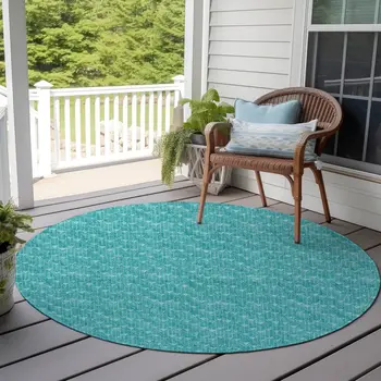 8' Round Turquoise Round Geometric Washable Non Skid Indoor Outdoor Area Rug