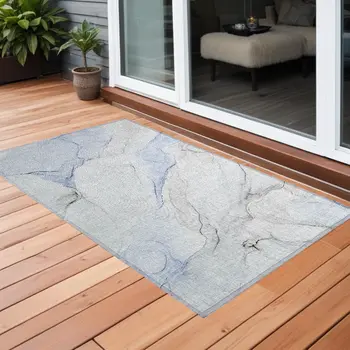 2' X 3' Ivory Blue and Gray Abstract Washable Non Skid Indoor Outdoor Area Rug