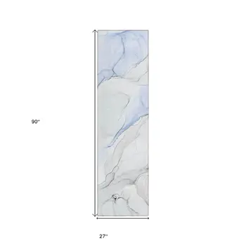 8' Runner Ivory Blue and Gray Abstract Washable Non Skid Indoor Outdoor Runner Rug