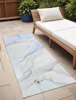 8' Runner Ivory Blue and Gray Abstract Washable Non Skid Indoor Outdoor Runner Rug