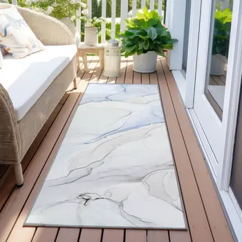 8' Runner Ivory Blue and Gray Abstract Washable Non Skid Indoor Outdoor Runner Rug