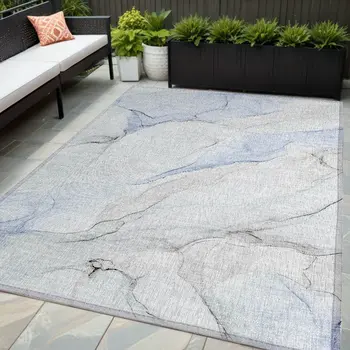 5' X 8' Ivory Blue and Gray Abstract Washable Non Skid Indoor Outdoor Area Rug