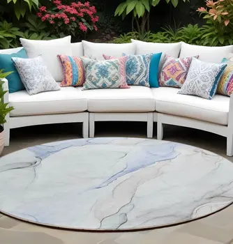 8' Round Ivory Blue and Gray Round Abstract Washable Non Skid Indoor Outdoor Area Rug