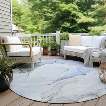 8' Round Ivory Blue and Gray Round Abstract Washable Non Skid Indoor Outdoor Area Rug