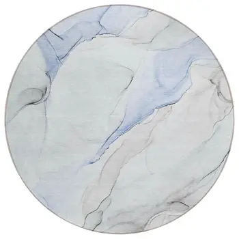 8' Round Ivory Blue and Gray Round Abstract Washable Non Skid Indoor Outdoor Area Rug