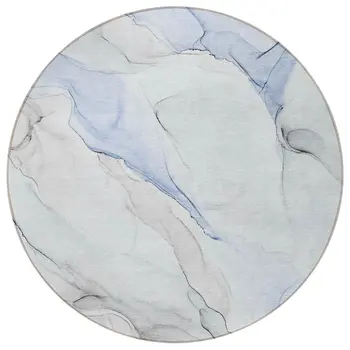 8' Round Ivory Blue and Gray Round Abstract Washable Non Skid Indoor Outdoor Area Rug