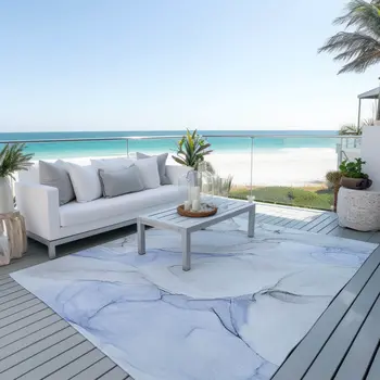 10' X 14' Ivory Blue and Gray Abstract Washable Non Skid Indoor Outdoor Area Rug