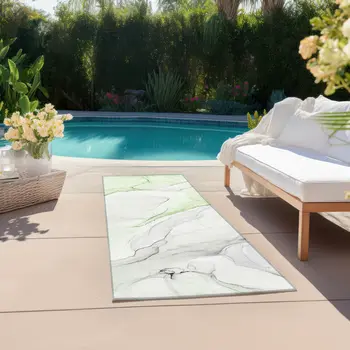 2' X 8' Green Abstract Washable Indoor Outdoor Runner Rug