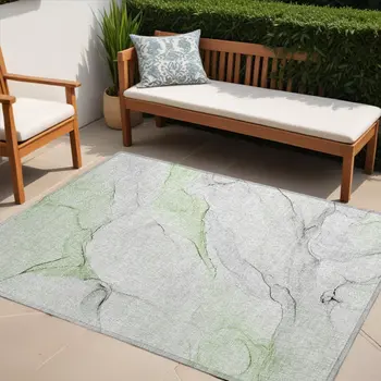 5' X 8' Green Abstract Washable Non Skid Indoor Outdoor Area Rug