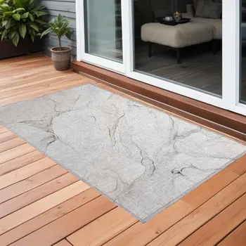 2' X 3' Beige Ivory and Gray Abstract Washable Non Skid Indoor Outdoor Area Rug