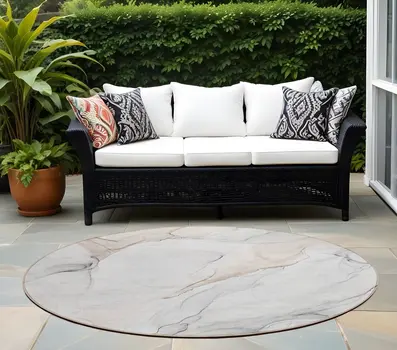 8' Round Beige Ivory and Gray Round Abstract Washable Non Skid Indoor Outdoor Area Rug