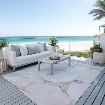 9' X 12' Beige Ivory and Gray Abstract Washable Non Skid Indoor Outdoor Area Rug