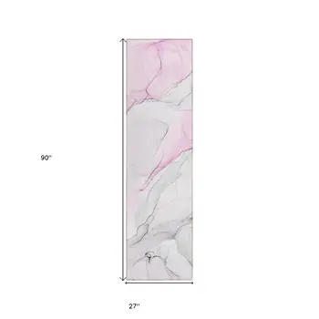 8' Runner Gray and Pink Abstract Washable Non Skid Indoor Outdoor Runner Rug