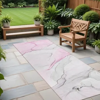 8' Runner Gray and Pink Abstract Washable Non Skid Indoor Outdoor Runner Rug