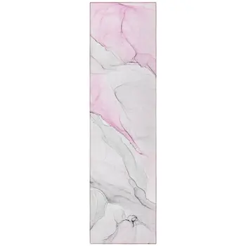 8' Runner Gray and Pink Abstract Washable Non Skid Indoor Outdoor Runner Rug