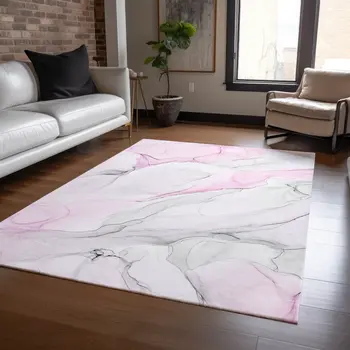 3' X 5' Gray and Pink Abstract Washable Non Skid Indoor Outdoor Area Rug