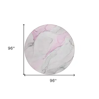 8' Round Gray and Pink Round Abstract Washable Non Skid Indoor Outdoor Area Rug