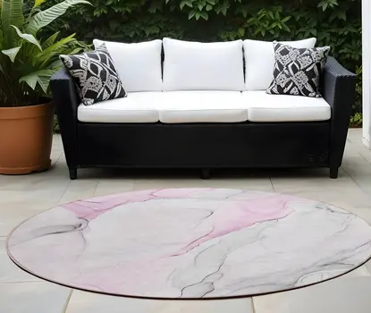 8' Round Gray and Pink Round Abstract Washable Non Skid Indoor Outdoor Area Rug