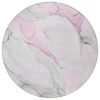 8' Round Gray and Pink Round Abstract Washable Non Skid Indoor Outdoor Area Rug