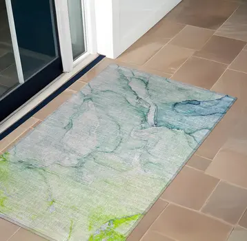 2' X 3' Blue and Green Abstract Washable Indoor Outdoor Area Rug