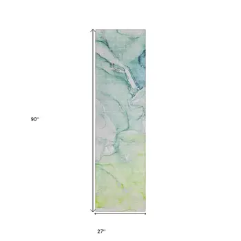 8' Runner Green Abstract Washable Non Skid Indoor Outdoor Runner Rug