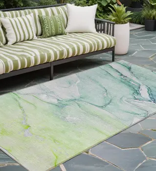 8' Runner Green Abstract Washable Non Skid Indoor Outdoor Runner Rug